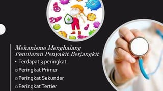 Mekanisme Menghalang
Penularan Penyakit Berjangkit
• Terdapat 3 peringkat
oPeringkat Primer
oPeringkat Sekunder
oPeringkatTertier
 