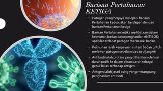 Barisan Pertahanan
KETIGA
• Patogen yang berjaya melepasi barisan
Pertahanan kedua, akan berdepan dengan
barisan Pertahanan ketiga
• Barisan Pertahanan ketika melibatkan sistem
keimunan badan, iaitu penghasilan ANTIBODI
apabila terdapat patogen memasuki badan.
• Keimunan ialah keupayaan sistem badan untuk
melawan patogen sebelum badan dijangkiti
• Antibodi ialah protein yang dihasilkan oleh sel
darah putih ke dalam aliran darah sebagai
gerak balas terhadap antigen.
• Antigen ialah jasad asing yang merangsang
penghasilan antibodi
 