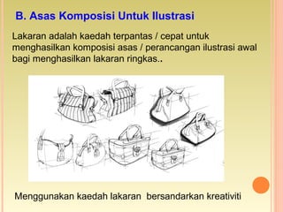 Lakaran adalah kaedah terpantas / cepat untuk
menghasilkan komposisi asas / perancangan ilustrasi awal
bagi menghasilkan lakaran ringkas..
Menggunakan kaedah lakaran bersandarkan kreativiti
B. Asas Komposisi Untuk Ilustrasi
 