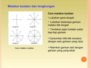 Melakar bulatan dan lengkungan
Cara melakar bulatan
• Lukiskan garis tengah
• Lukiskan beberapa garisan
melalui titik tengah
• Tandakan jejari bulatan pada
tiap-tiap garisan
• Cantumkan titik-titik tersebut
dengan satu garisan yang nipis
• Hitamkan garisan tadi dengan
garisan yang yang tebal
 