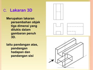 Merupakan lakaran
persembahan objek
tiga dimensi yang
dilukis dalam
gambaran penuh
3D.
Iaitu pandangan atas,
pandangan
hadapan dan
pandangan sisi
C. Lakaran 3D
 