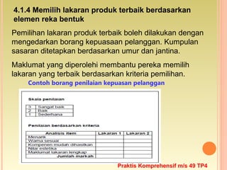 Pemilihan lakaran produk terbaik boleh dilakukan dengan
mengedarkan borang kepuasaan pelanggan. Kumpulan
sasaran ditetapkan berdasarkan umur dan jantina.
Maklumat yang diperolehi membantu pereka memilih
lakaran yang terbaik berdasarkan kriteria pemilihan.
4.1.4 Memilih lakaran produk terbaik berdasarkan
elemen reka bentuk
Contoh borang penilaian kepuasan pelanggan
Praktis Komprehensif m/s 49 TP4
 