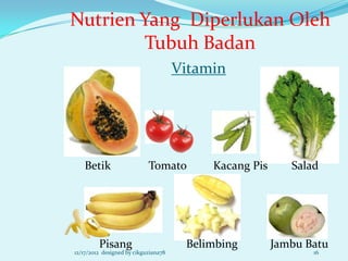 Nutrien Yang Diperlukan Oleh
        Tubuh Badan
                                      Vitamin




   Betik                    Tomato         Kacang Pis      Salad




         Pisang                        Belimbing        Jambu Batu
12/17/2012 designed by cikguziana78                            16
 