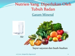 Nutrien Yang Diperlukan Oleh
        Tubuh Badan
                            Garam Mineral




       Air



                             Sayur-sayuran dan buah-buahan

12/17/2012 designed by cikguziana78                          17
 