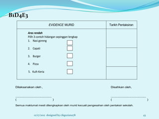B1D4E3
                                        EVIDENCE MURID                 Tarikh Pentaksiran

                Aras rendah
                Pilih 3 contoh hidangan sepinggan lengkap
                1. Nasi goreng

                2. Capati

                3. Burger

                4. Pizza

                5. Kuih Keria



  Dilaksanakan oleh ,                                                   Disahkan oleh,


  ..........................................                            .........................................
  (                                          )                          (                                         )

  Semua maklumat mesti dilengkapkan oleh murid kecuali pengesahan oleh pentaksir sekolah.


                       12/17/2012 designed by cikguziana78                                                   43
 