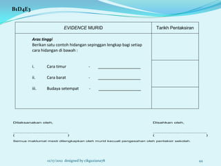 B1D4E3


                                      EVIDENCE MURID                            Tarikh Pentaksiran

              Aras tinggi
              Berikan satu contoh hidangan sepinggan lengkap bagi setiap
              cara hidangan di bawah :


              i.         Cara timur               -    ___________________

              ii.        Cara barat               -    ___________________

              iii.       Budaya setempat          -     ___________________




Dilaksanakan oleh,                                                            Disahkan oleh,


..........................................                                    .........................................
(                                        )                                    (                                       )

Semua maklumat mesti dilengkapkan oleh murid kecuali pengesahan oleh pentaksir sekolah.




                         12/17/2012 designed by cikguziana78                                                    44
 