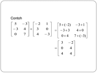 Contoh
 5       3   2   1   5 ( 2)         3 1
  3      4   3   0    3 3          4 0
 0       7   4   3    0 4         7 ( 3)
                      3       2
                      0     4
                      4     4
 