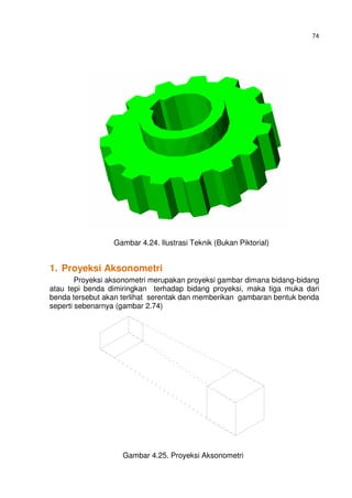 74
Gambar 4.24. Ilustrasi Teknik (Bukan Piktorial)
1. Proyeksi Aksonometri
Proyeksi aksonometri merupakan proyeksi gambar dimana bidang-bidang
atau tepi benda dimiringkan terhadap bidang proyeksi, maka tiga muka dari
benda tersebut akan terlihat serentak dan memberikan gambaran bentuk benda
seperti sebenarnya (gambar 2.74)
Gambar 4.25. Proyeksi Aksonometri
 