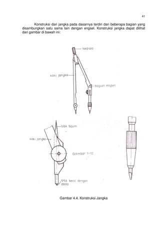 41
Konstruksi dari jangka pada dasarnya terdiri dari beberapa bagian yang
disambungkan satu sama lain dengan engsel. Konstruksi jangka dapat dilihat
dari gambar di bawah ini:
Gambar 4.4. Konstruksi Jangka
 