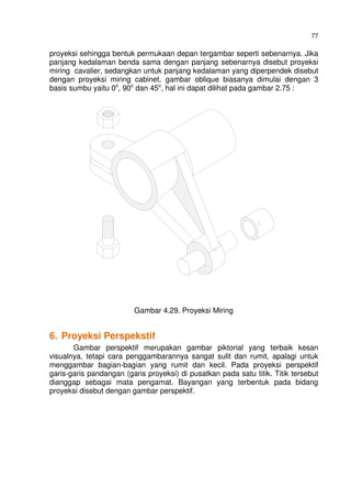 77
proyeksi sehingga bentuk permukaan depan tergambar seperti sebenarnya. Jika
panjang kedalaman benda sama dengan panjang sebenarnya disebut proyeksi
miring cavalier, sedangkan untuk panjang kedalaman yang diperpendek disebut
dengan proyeksi miring cabinet. gambar oblique biasanya dimulai dengan 3
basis sumbu yaitu 0o
, 90o
dan 45o
, hal ini dapat dilihat pada gambar 2.75 :
Gambar 4.29. Proyeksi Miring
6. Proyeksi Perspekstif
Gambar perspektif merupakan gambar piktorial yang terbaik kesan
visualnya, tetapi cara penggambarannya sangat sulit dan rumit, apalagi untuk
menggambar bagian-bagian yang rumit dan kecil. Pada proyeksi perspektif
garis-garis pandangan (garis proyeksi) di pusatkan pada satu titik. Titik tersebut
dianggap sebagai mata pengamat. Bayangan yang terbentuk pada bidang
proyeksi disebut dengan gambar perspektif.
 