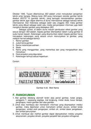 86
Oktober 1946. Tujuan dibentuknya ISO adalah untuk menyatukan pengertian
teknik antar bangsa. Bidang kerja ISO yang menangani standar gambar teknik
disebut ISO/TC 10 (gambar teknik), yang bertugas menstandarkan gambar-
gambar teknik agar dapat diterima di dunia internasional sebagai bahasa teknik
internasional. Dan Indonesia sebagai salah satu anggota ISO, maka gambar
teknik yang dibuat sebagai salah satu media penyampaian informasi juga telah
mengikuti standar gambar yang ditetapkan ISO.
Sebagai contoh, di dalam dunia industri pembuatan etiket gambar yang
sesuai dengan ISO adalah, kepala gambar ditempatkan dalam ruang gambar di
sudut kanan bawah. Keterangan yang dicantumkan dalam kepala gambar harus
merupakan keterangan yang secara umum menunjukkan isi gambar, yang
meliputi hal-hal sebagai berikut:
1. Nomor gambar
2. Judul/nama gambar
3. Nama instansi/perusahaan
4. Skala
5. Nama yang menggambar, yang memeriksa dan yang mengesahkan atau
menyetujui
6. Cara proyeksi yang digunakan
7. Keterangan lainnya sesuai keperluan.
Contoh:
Gambar 4.42. Blok Nama
F. RANGKUMAN
1. Alat gambar dibidang otomotif terdiri atas pensil gambar, kotak jangka,
penggaris T, sepasang segitiga, mal lengkung, mistar skala, busur derajat,
penghapus, mesin gambar dan alas gambar.
2. Untuk bisa membaca dan memahami informasi yang disampaikan melalui
gambar, maka diperlukan untuk memahami simbol ukuran, simbol tanda
pengerjaan, simbol arah pengerjaan, simbol ulir, simbol dasar pengelasan,
dan simbol penunjukan.
3. Untuk membuat dan melihat gambar dapat diproyeksikan melalui proyeksi
aksonometri, proyeksi dimetri, proyeksi perpektif dan proyeksi orthogonal.
 