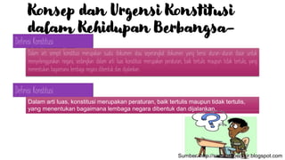 Konsep dan Urgensi Konstitusi
dalam Kehidupan Berbangsa-
Negara
Dalam arti sempit konstitusi merupakan suatu dokumen atau seperangkat dokumen yang berisi aturan-aturan dasar untuk
menyelenggarakan negara, sedangkan dalam arti luas konstitusi merupakan peraturan, baik tertulis maupun tidak tertulis, yang
menentukan bagaimana lembaga negara dibentuk dan dijalankan.
Definisi Konstitusi
Definisi Konstitusi
Dalam arti luas, konstitusi merupakan peraturan, baik tertulis maupun tidak tertulis,
yang menentukan bagaimana lembaga negara dibentuk dan dijalankan.
Sumber: http://semesteberfikir.blogspot.com
 