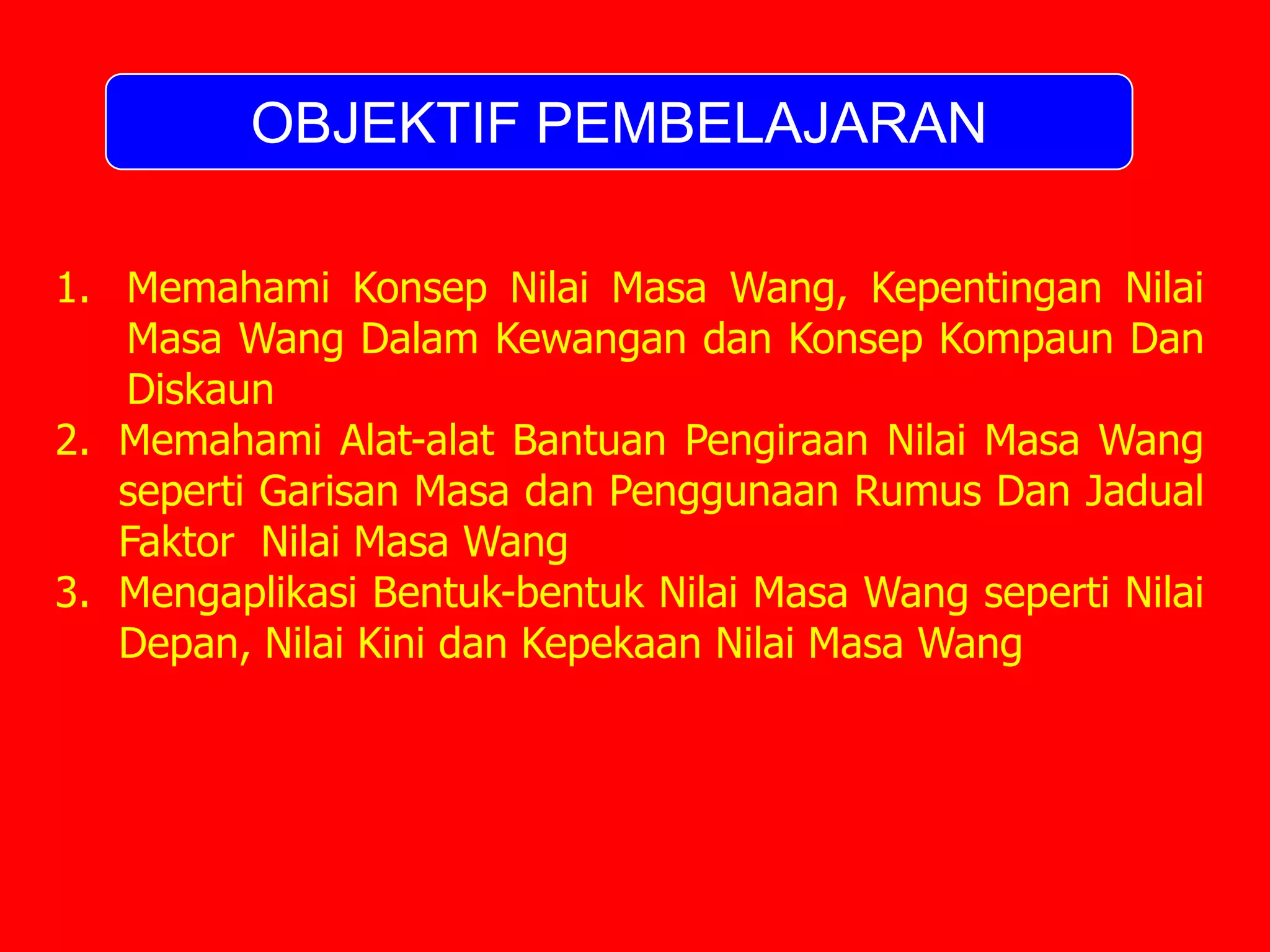 OBJEKTIF PEMBELAJARAN

1. Memahami Konsep Nilai Masa Wang, Kepentingan Nilai
   Masa Wang Dalam Kewangan dan Konsep Kompaun Dan
   Diskaun
2. Memahami Alat-alat Bantuan Pengiraan Nilai Masa Wang
   seperti Garisan Masa dan Penggunaan Rumus Dan Jadual
   Faktor Nilai Masa Wang
3. Mengaplikasi Bentuk-bentuk Nilai Masa Wang seperti Nilai
   Depan, Nilai Kini dan Kepekaan Nilai Masa Wang
 