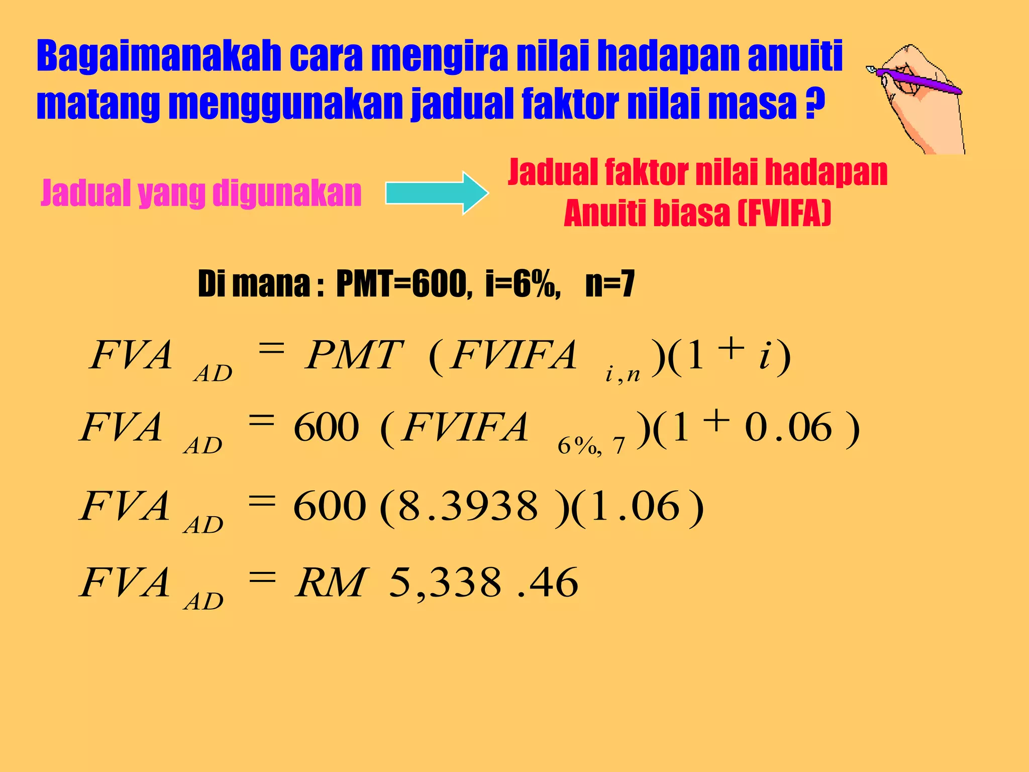 Bagaimanakah cara mengira nilai hadapan anuiti
matang menggunakan jadual faktor nilai masa ?
                             Jadual faktor nilai hadapan
Jadual yang digunakan
                                 Anuiti biasa (FVIFA)

          Di mana : PMT=600, i=6%, n=7

   FVA   AD
                 PMT ( FVIFA         i ,n
                                            )( 1   i)
  FVA    AD
                600 ( FVIFA      6 %, 7
                                          )( 1     0 . 06 )
  FVA AD        600 (8 . 3938 )(1 . 06 )
  FVA AD        RM 5 ,338 . 46
 