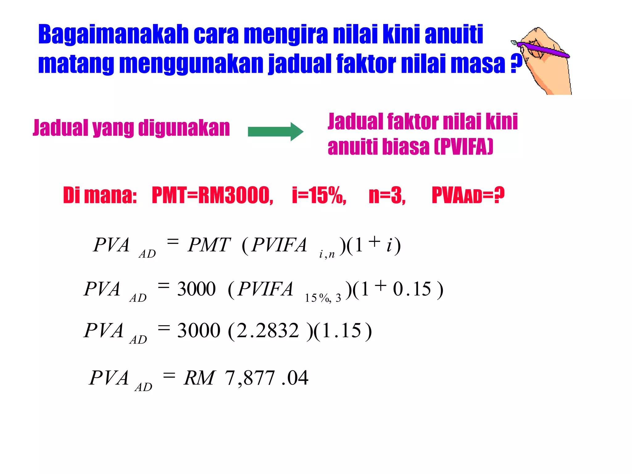 Bagaimanakah cara mengira nilai kini anuiti
matang menggunakan jadual faktor nilai masa ?

Jadual yang digunakan                Jadual faktor nilai kini
                                     anuiti biasa (PVIFA)

   Di mana: PMT=RM3000, i=15%,                   n=3,    PVAAD=?

      PVA   AD
                  PMT ( PVIFA      i ,n
                                          )( 1    i)

     PVA   AD
                 3000 ( PVIFA    15 %, 3
                                           )( 1    0 . 15 )

     PVA AD      3000 ( 2 . 2832 )(1 . 15 )

     PVA AD      RM 7 ,877 . 04
 
