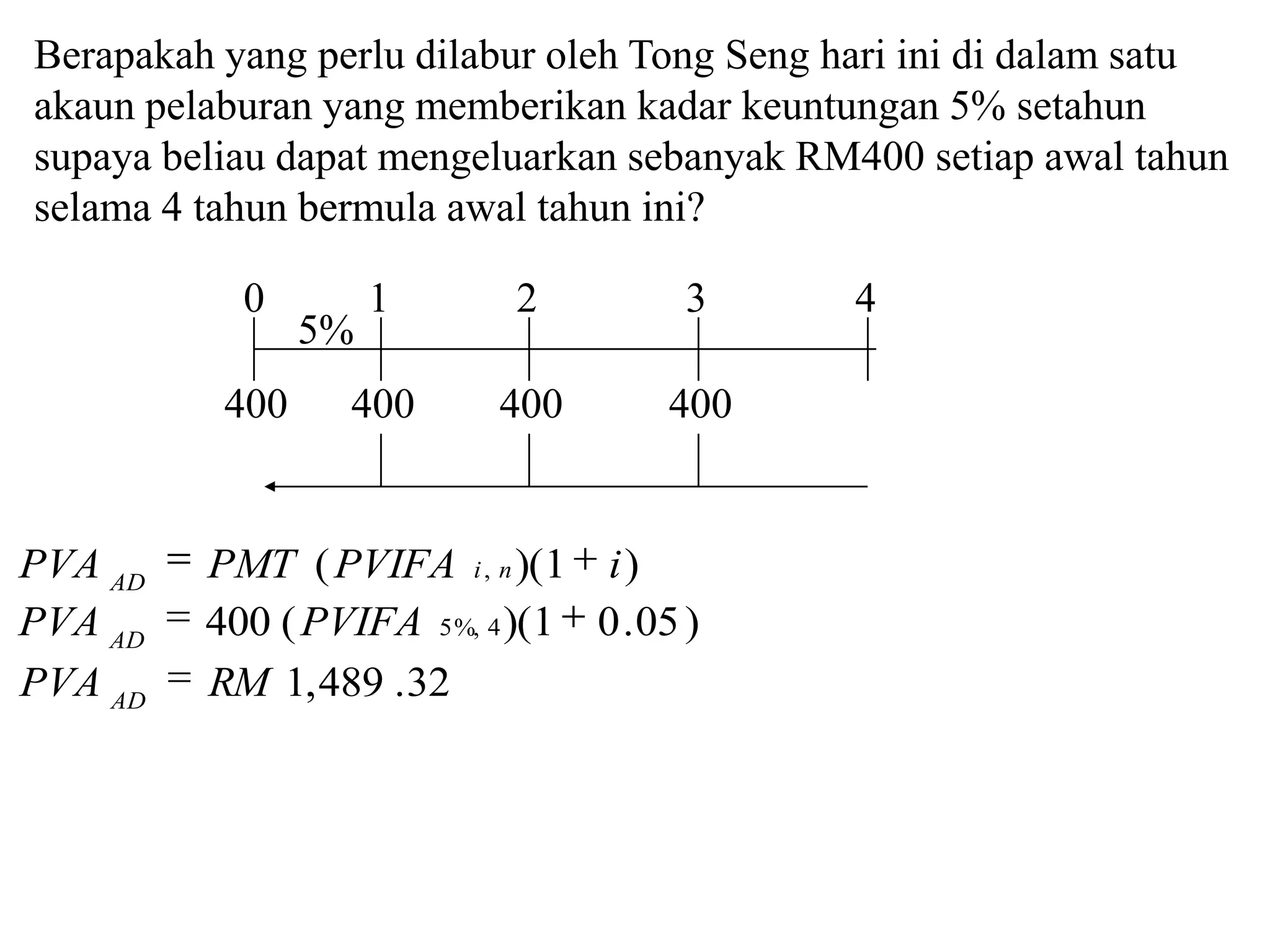 Berapakah yang perlu dilabur oleh Tong Seng hari ini di dalam satu
akaun pelaburan yang memberikan kadar keuntungan 5% setahun
supaya beliau dapat mengeluarkan sebanyak RM400 setiap awal tahun
selama 4 tahun bermula awal tahun ini?

           0         1      2          3     4
                5%
          400     400      400        400


PVA AD   PMT ( PVIFA i , n )(1 i )
PVA AD   400 ( PVIFA 5 %, 4 )(1 0 . 05 )
PVA AD   RM 1, 489 . 32
 