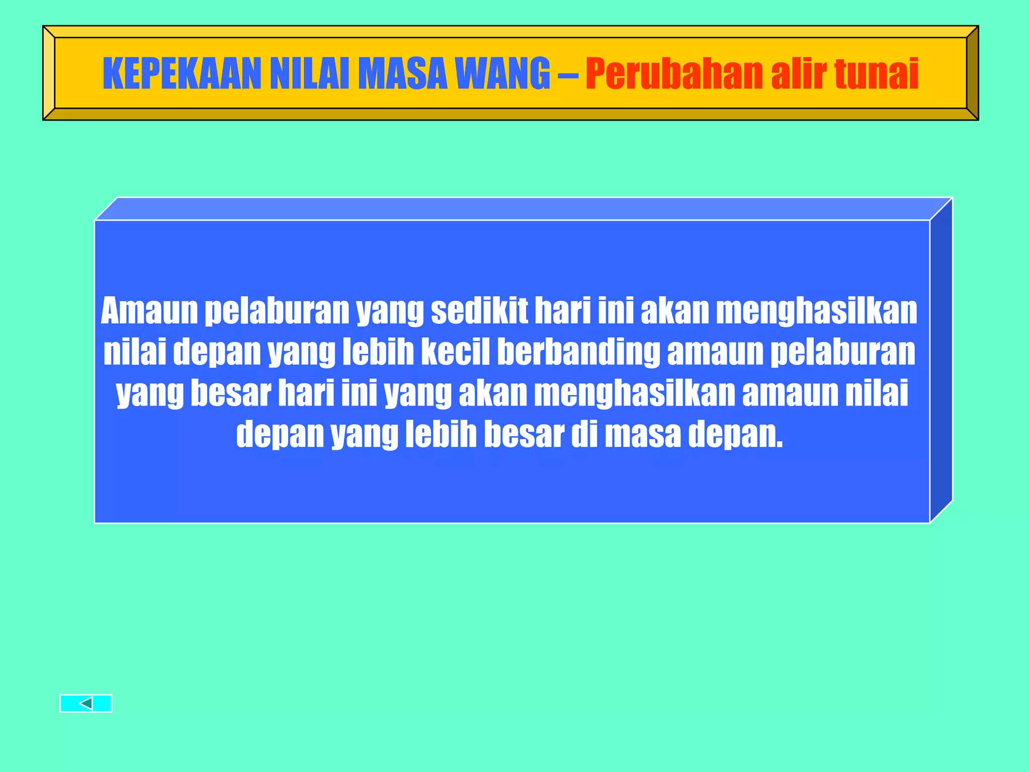 KEPEKAAN NILAI MASA WANG – Perubahan alir tunai




Amaun pelaburan yang sedikit hari ini akan menghasilkan
nilai depan yang lebih kecil berbanding amaun pelaburan
 yang besar hari ini yang akan menghasilkan amaun nilai
          depan yang lebih besar di masa depan.
 