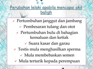  Pertumbuhan janggut dan jambang
 Pembesaran tulang dan otot
 Pertumbuhan bulu di bahagian
kemaluan dan ketiak
 Suara kasar dan garau
 Testis mula menghasilkan sperma
 Mula membebaskan semen
 Mula tertarik kepada perempuan
Perubahan lelaki apabila mencapai akil
baligh
 