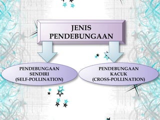 JENIS
PENDEBUNGAAN
PENDEBUNGAAN
SENDIRI
(SELF-POLLINATION)
PENDEBUNGAAN
KACUK
(CROSS-POLLINATION)
 