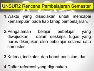 UNSUR2 Rencana Pembelajaran Semester
1.Waktu yang disediakan untuk mencapai
kemampuan pada tiap tahap pembelajaran.
2.Pengalaman belajar pebelajar yang
diwujudkan dalam deskripsi tugas yang
harus dikerjakan oleh pebelajar selama satu
semester.
3.Kriteria, indikator, dan bobot penilaian; dan
4.Daftar referensi yang digunakan.
 