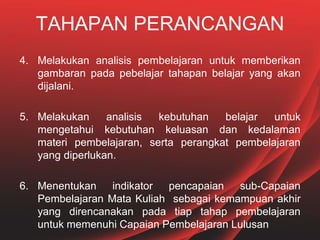 TAHAPAN PERANCANGAN
4. Melakukan analisis pembelajaran untuk memberikan
gambaran pada pebelajar tahapan belajar yang akan
dijalani.
5. Melakukan analisis kebutuhan belajar untuk
mengetahui kebutuhan keluasan dan kedalaman
materi pembelajaran, serta perangkat pembelajaran
yang diperlukan.
6. Menentukan indikator pencapaian sub-Capaian
Pembelajaran Mata Kuliah sebagai kemampuan akhir
yang direncanakan pada tiap tahap pembelajaran
untuk memenuhi Capaian Pembelajaran Lulusan
 