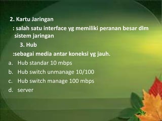2. Kartu Jaringan
  : salah satu interface yg memiliki peranan besar dlm
   sistem jaringan
      3. Hub
  :sebagai media antar koneksi yg jauh.
a. Hub standar 10 mbps
b. Hub switch unmanage 10/100
c. Hub switch manage 100 mbps
d. server
 