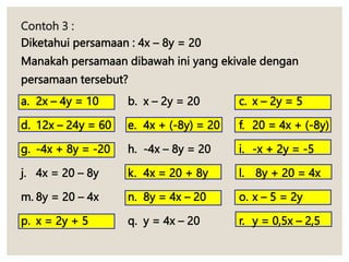 Contoh 3 :
Diketahui persamaan : 4x – 8y = 20
Manakah persamaan dibawah ini yang ekivale dengan
persamaan tersebut?
a. 2x – 4y = 10 b. x – 2y = 20 c. x – 2y = 5
d. 12x – 24y = 60 e. 4x + (-8y) = 20 f. 20 = 4x + (-8y)
g. -4x + 8y = -20 h. -4x – 8y = 20 i. -x + 2y = -5
j. 4x = 20 – 8y k. 4x = 20 + 8y l. 8y + 20 = 4x
m. 8y = 20 – 4x n. 8y = 4x – 20 o. x – 5 = 2y
p. x = 2y + 5 q. y = 4x – 20 r. y = 0,5x – 2,5
 