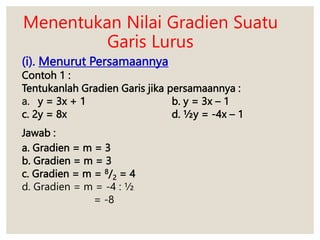 Menentukan Nilai Gradien Suatu
Garis Lurus
(i). Menurut Persamaannya
Contoh 1 :
Tentukanlah Gradien Garis jika persamaannya :
a. y = 3x + 1 b. y = 3x – 1
c. 2y = 8x d. ½y = -4x – 1
Jawab :
a. Gradien = m = 3
b. Gradien = m = 3
c. Gradien = m = 8/2 = 4
d. Gradien = m = -4 : ½
= -8
 