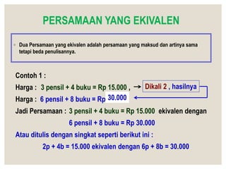 PERSAMAAN YANG EKIVALEN
◦ Dua Persamaan yang ekivalen adalah persamaan yang maksud dan artinya sama
tetapi beda penulisannya.
Contoh 1 :
Harga : 3 pensil + 4 buku = Rp 15.000 ,
Harga : 6 pensil + 8 buku = Rp ………
Jadi Persamaan : 3 pensil + 4 buku = Rp 15.000 ekivalen dengan
6 pensil + 8 buku = Rp 30.000
Atau ditulis dengan singkat seperti berikut ini :
2p + 4b = 15.000 ekivalen dengan 6p + 8b = 30.000
30.000
Dikali 2 , hasilnya
 