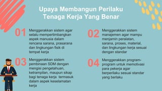 Upaya Membangun Perilaku
Tenaga Kerja Yang Benar
01 02
03 Menggerakkan sistem
pembinaan SDM dengan
mengisi pengetahuan,
ketrampilan, maupun sikap
bagi tenaga kerja termasuk
dalam aspek keselamatan
kerja
04
Menggerakkan program-
program untuk memotivasi
para pekerja agar
berperilaku sesuai standar
yang berlaku
Menggerakkan sistem agar
selalu mempertimbangkan
aspek manusia dalam
rencana sarana, prasarana
dan lingkungan fisik di
tempat kerja
Menggerakkan sistem
manajemen agar mampu
menjamin peralatan,
sarana, proses, material,
dan lingkungan kerja sesuai
dengan standar
 