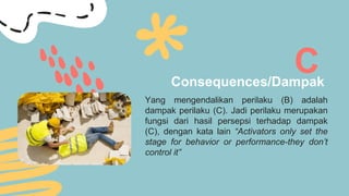 C
Yang mengendalikan perilaku (B) adalah
dampak perilaku (C). Jadi perilaku merupakan
fungsi dari hasil persepsi terhadap dampak
(C), dengan kata lain “Activators only set the
stage for behavior or performance-they don’t
control it”
Consequences/Dampak
 