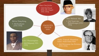 ANGGOTA
SISTEM
AHLI
Dato Onn Ja’afar
• Ahli Hal Ehwal
DALAM Negeri
1951-1955]
Dato Mahmud Mat
• Ahli Tanah dan
Perlombongan [1951-
1955]
Tunku Ysaccob Almarahum
Sultan Abdul Halim Shah
• Ahli Perhutanan dan Pertanian
[1951-1955]
E.E.C Thuraisingham
• Ahli Pelajaran[ 1951-
1955]
Dr.Lee Tiang Keng
• Ahli Kesihatan
[1951-1954]
 