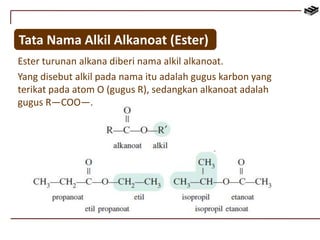 Tata Nama Alkil Alkanoat (Ester) 
Ester turunan alkana diberi nama alkil alkanoat. 
Yang disebut alkil pada nama itu adalah gugus karbon yang 
terikat pada atom O (gugus R), sedangkan alkanoat adalah 
gugus R—COO—. 
 