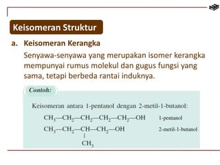 Keisomeran Struktur 
a. Keisomeran Kerangka 
Senyawa-senyawa yang merupakan isomer kerangka 
mempunyai rumus molekul dan gugus fungsi yang 
sama, tetapi berbeda rantai induknya. 
 