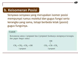 b. Keisomeran Posisi 
Senyawa-senyawa yang merupakan isomer posisi 
mempunyai rumus molekul dan gugus fungsi serta 
kerangka yang sama, tetapi berbeda letak (posisi) 
gugus fungsinya. 
 