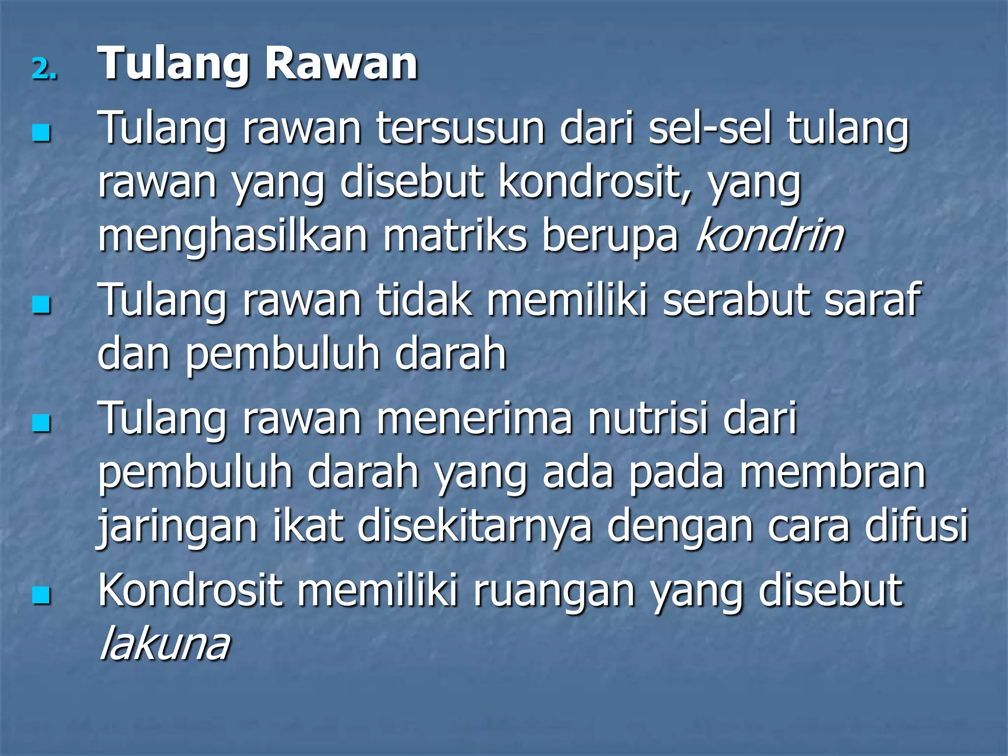 2. Tulang Rawan
 Tulang rawan tersusun dari sel-sel tulang
rawan yang disebut kondrosit, yang
menghasilkan matriks berupa kondrin
 Tulang rawan tidak memiliki serabut saraf
dan pembuluh darah
 Tulang rawan menerima nutrisi dari
pembuluh darah yang ada pada membran
jaringan ikat disekitarnya dengan cara difusi
 Kondrosit memiliki ruangan yang disebut
lakuna
 