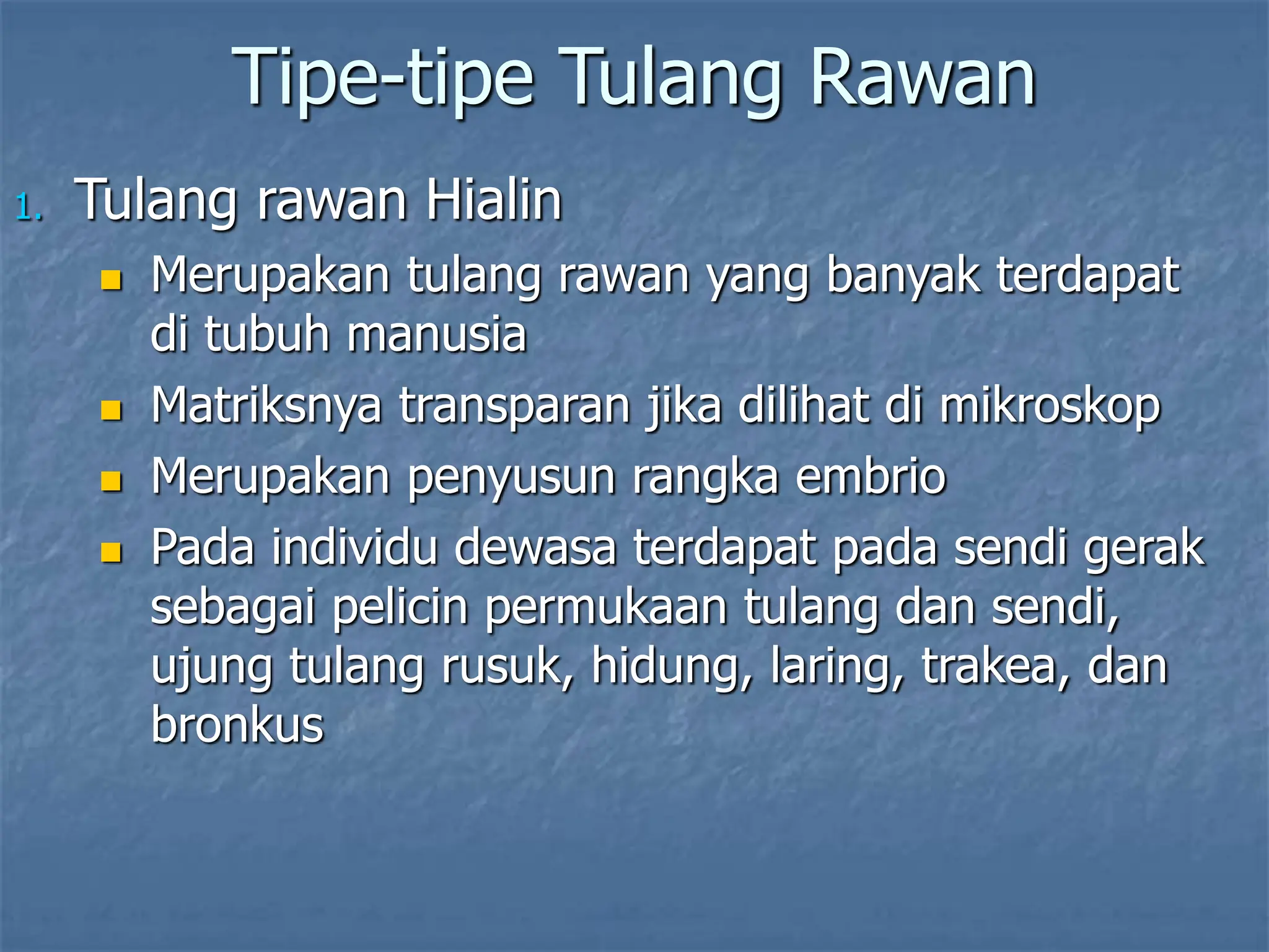 Tipe-tipe Tulang Rawan
1. Tulang rawan Hialin
 Merupakan tulang rawan yang banyak terdapat
di tubuh manusia
 Matriksnya transparan jika dilihat di mikroskop
 Merupakan penyusun rangka embrio
 Pada individu dewasa terdapat pada sendi gerak
sebagai pelicin permukaan tulang dan sendi,
ujung tulang rusuk, hidung, laring, trakea, dan
bronkus
 