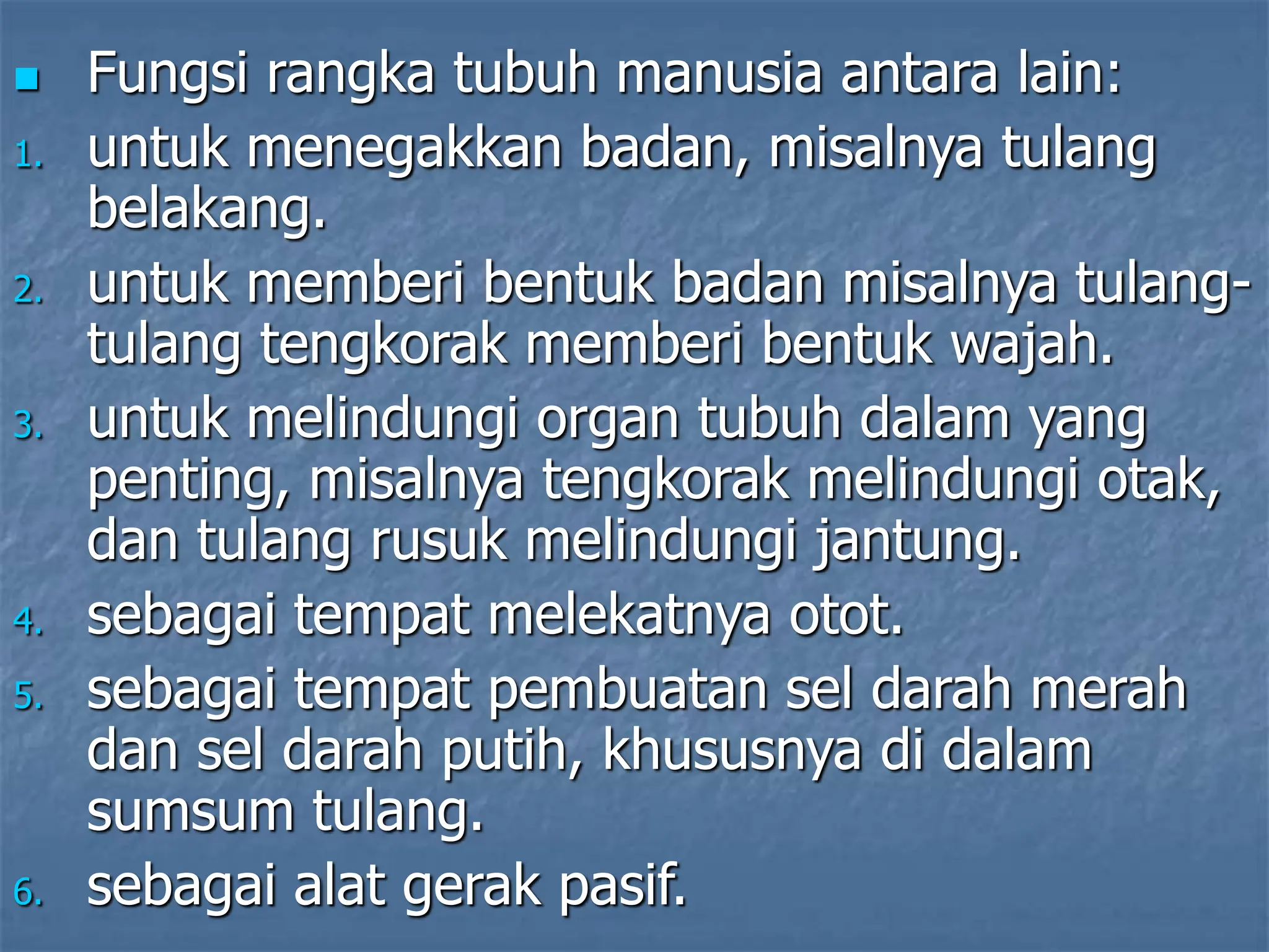  Fungsi rangka tubuh manusia antara lain:
1. untuk menegakkan badan, misalnya tulang
belakang.
2. untuk memberi bentuk badan misalnya tulang-
tulang tengkorak memberi bentuk wajah.
3. untuk melindungi organ tubuh dalam yang
penting, misalnya tengkorak melindungi otak,
dan tulang rusuk melindungi jantung.
4. sebagai tempat melekatnya otot.
5. sebagai tempat pembuatan sel darah merah
dan sel darah putih, khususnya di dalam
sumsum tulang.
6. sebagai alat gerak pasif.
 