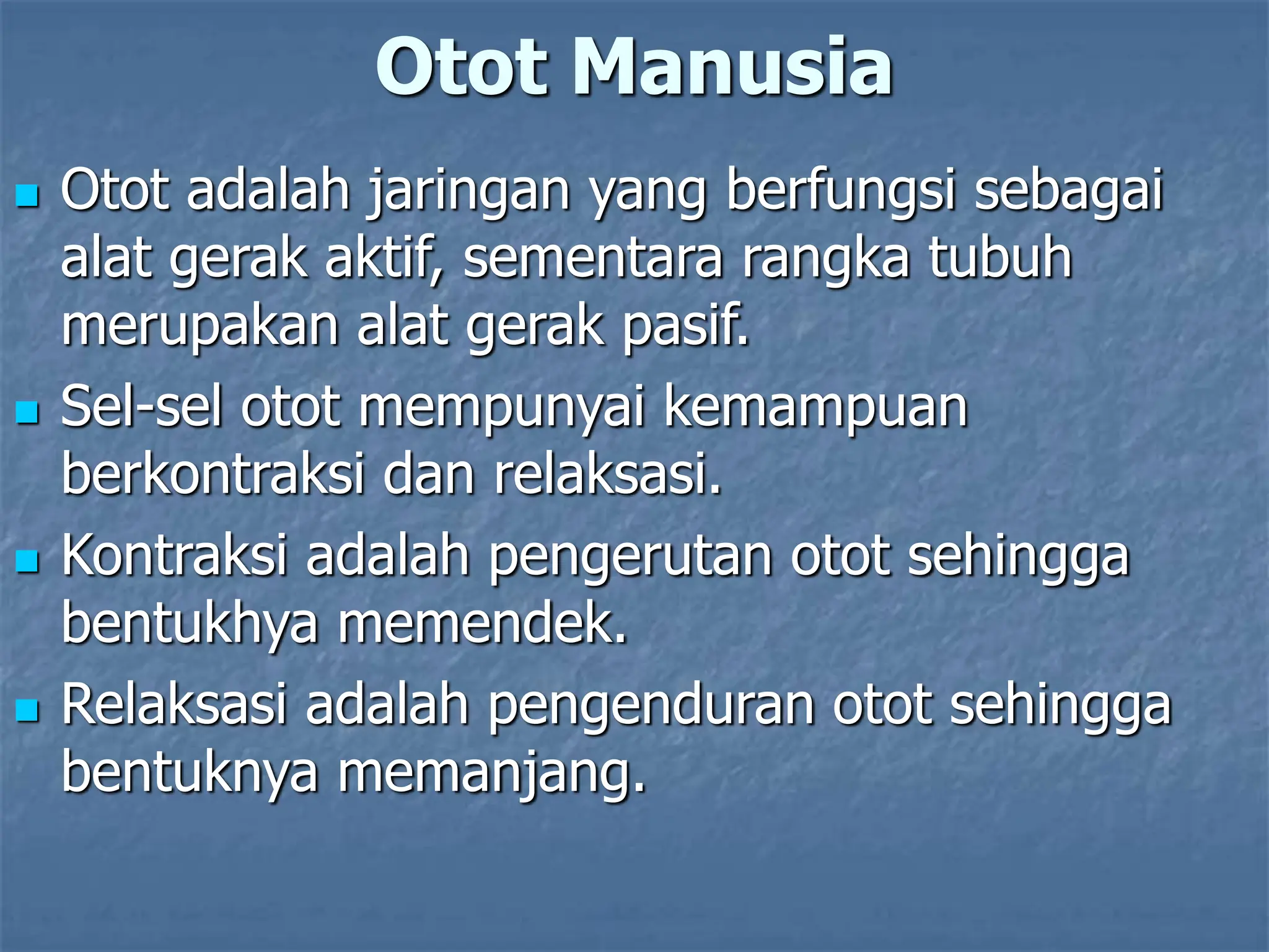 Otot Manusia
 Otot adalah jaringan yang berfungsi sebagai
alat gerak aktif, sementara rangka tubuh
merupakan alat gerak pasif.
 Sel-sel otot mempunyai kemampuan
berkontraksi dan relaksasi.
 Kontraksi adalah pengerutan otot sehingga
bentukhya memendek.
 Relaksasi adalah pengenduran otot sehingga
bentuknya memanjang.
 