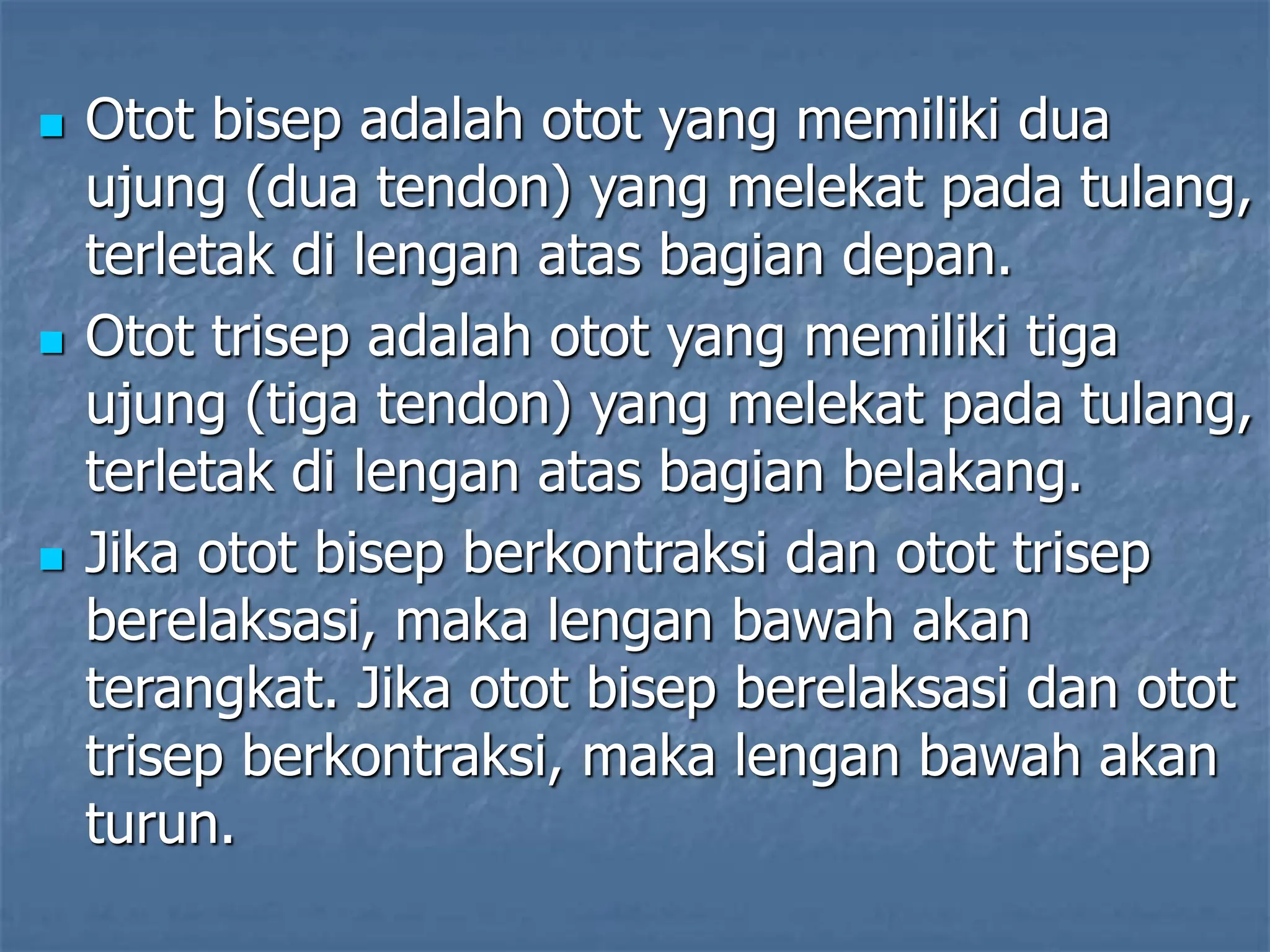  Otot bisep adalah otot yang memiliki dua
ujung (dua tendon) yang melekat pada tulang,
terletak di lengan atas bagian depan.
 Otot trisep adalah otot yang memiliki tiga
ujung (tiga tendon) yang melekat pada tulang,
terletak di lengan atas bagian belakang.
 Jika otot bisep berkontraksi dan otot trisep
berelaksasi, maka lengan bawah akan
terangkat. Jika otot bisep berelaksasi dan otot
trisep berkontraksi, maka lengan bawah akan
turun.
 
