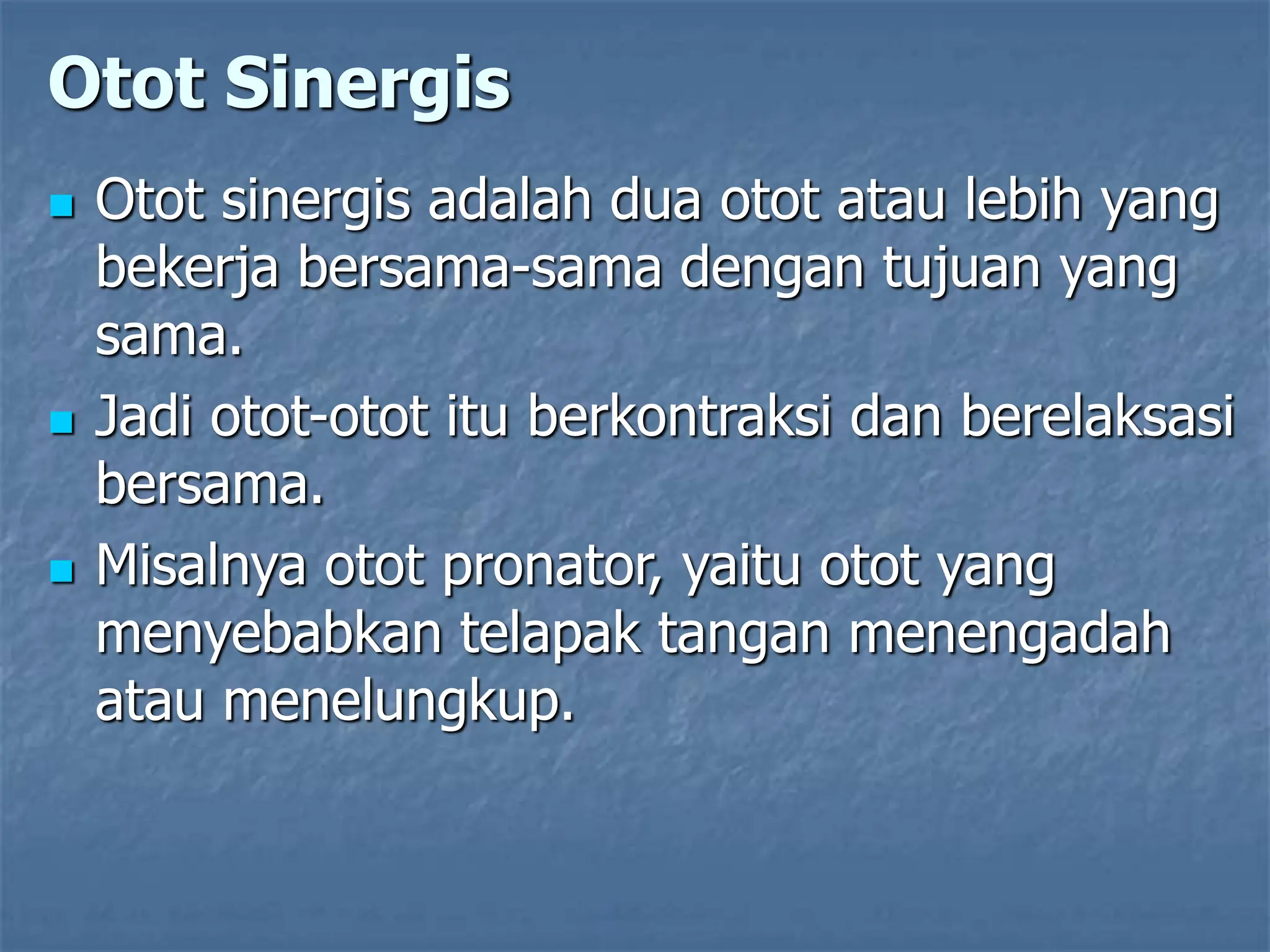 Otot Sinergis
 Otot sinergis adalah dua otot atau lebih yang
bekerja bersama-sama dengan tujuan yang
sama.
 Jadi otot-otot itu berkontraksi dan berelaksasi
bersama.
 Misalnya otot pronator, yaitu otot yang
menyebabkan telapak tangan menengadah
atau menelungkup.
 