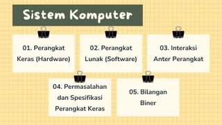 Sistem Komputer
01. Perangkat
Keras (Hardware)
02. Perangkat
Lunak (Software)
03. Interaksi
Anter Perangkat
04. Permasalahan
dan Spesifikasi
Perangkat Keras
05. Bilangan
Biner
 