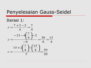 Penyelesaian Gauss-Seidel
Iterasi 1:
20
59
5
4
15
4
7
215
4
15
8
30
8
2
4
7
421
4
7
4
227
=






−





+
=
==
−
−





−−
=
=
−+
=
z
y
x
 