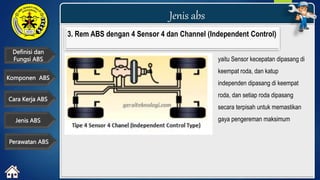 Definisi dan
Fungsi ABS
Jenis abs
Cara Kerja ABS
Komponen ABS
Jenis ABS
Perawatan ABS
3. Rem ABS dengan 4 Sensor 4 dan Channel (Independent Control)
yaitu Sensor kecepatan dipasang di
keempat roda, dan katup
independen dipasang di keempat
roda, dan setiap roda dipasang
secara terpisah untuk memastikan
gaya pengereman maksimum
 