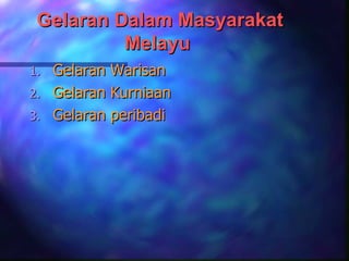 Gelaran Dalam Masyarakat
          Melayu
1. Gelaran Warisan
2. Gelaran Kurniaan
3. Gelaran peribadi
 