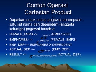 Contoh Operasi  Cartesian Product Dapatkan untuk setiap pegawai perempuan , satu list nama dari dependent (anggota keluarga) pegawai tersebut. FEMALE_EMPS <=   SEX=F  (EMPLOYEE) EMPNAMES <=  LNAME,SSN  (FEMALE_EMPS) EMP_DEP <= EMPNAMES X DEPENDENT ACTUAL_DEP <=  SSN=ESSN   (EMP_DEP) RESULT <=  LNAME,DEPENDENT_NAME  (ACTUAL_DEP) 