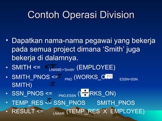 Contoh Operasi Division Dapatkan nama-nama pegawai yang bekerja pada semua project dimana Smith juga bekerja di dalamnya. SMITH <=  LNAME=Smith  (EMPLOYEE) SMITH_PNOS <=  PNO  (WORKS_ON  ESSN=SSN  SMITH) SSN_PNOS <=  PNO,ESSN  (WORKS_ON) TEMP_RES <= SSN_PNOS  SMITH_PNOS RESULT <=  LNAME  (TEMP_RES  X  EMPLOYEE) 