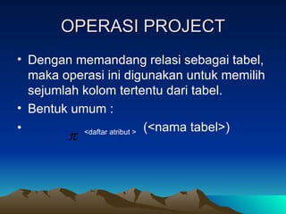 OPERASI PROJECT Dengan memandang relasi sebagai tabel, maka operasi ini digunakan untuk memilih sejumlah kolom tertentu dari tabel. Bentuk umum : <daftar atribut >   (<nama tabel>) 