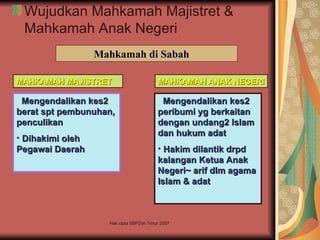 Wujudkan Mahkamah Majistret &
 Mahkamah Anak Negeri
                  Mahkamah di Sabah

MAHKAMAH MAJISTRET                           MAHKAMAH ANAK NEGERI

• Mengendalikan kes2                        • Mengendalikan kes2
berat spt pembunuhan,                       peribumi yg berkaitan
penculikan                                  dengan undang2 Islam
                                            dan hukum adat
• Dihakimi oleh
Pegawai Daerah                              • Hakim dilantik drpd
                                            kalangan Ketua Anak
                                            Negeri~ arif dlm agama
                                            Islam & adat



                       Hak cipta SBPZon Timur 2007
 