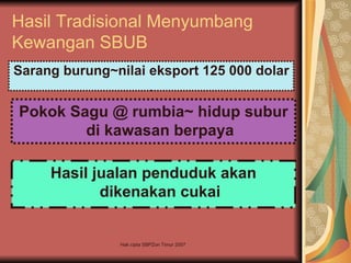 Hasil Tradisional Menyumbang
Kewangan SBUB
Sarang burung~nilai eksport 125 000 dolar


Pokok Sagu @ rumbia~ hidup subur
        di kawasan berpaya

     Hasil jualan penduduk akan
            dikenakan cukai


               Hak cipta SBPZon Timur 2007
 